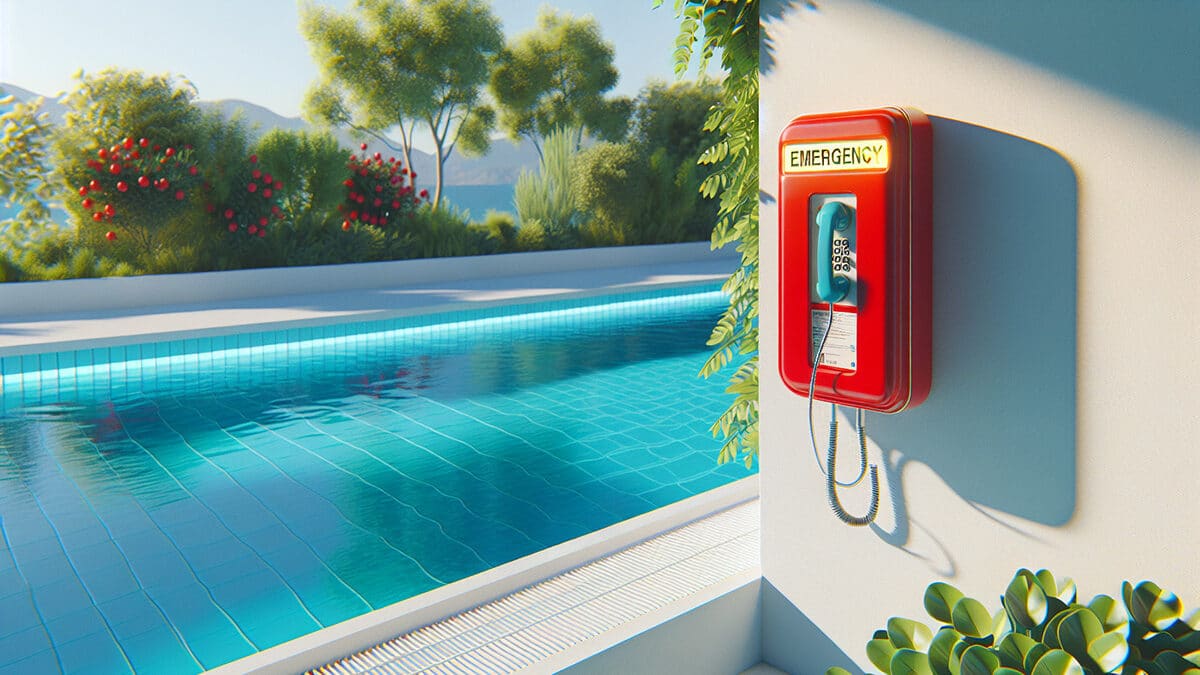 Emergency phone next to an outdoor pool