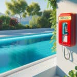 Emergency phone next to an outdoor pool