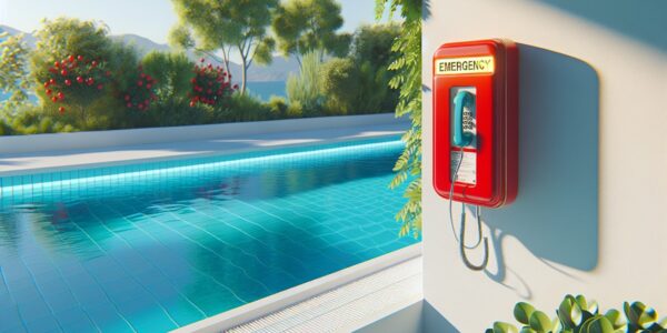Emergency phone next to an outdoor pool