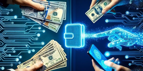 Hands on opposite sides exchange US dollars through a glowing digital gateway with circuit-board patterns, suggesting fintech transfer of cash.